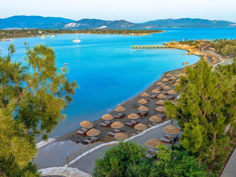 Widok na plażę z parasolami i czystą niebieską wodą, otoczoną zieloną roślinnością.