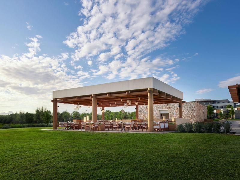 Nowoczesny ogród z altaną drewnianą i miejscem do siedzenia na zadbanym trawniku pod niebieskim niebem.