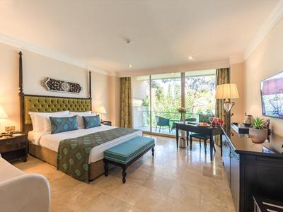 Jasny pokój hotelowy z dużym łóżkiem, częścią wypoczynkową, biurkiem i telewizorem z widokiem na ogród przez duże okna.