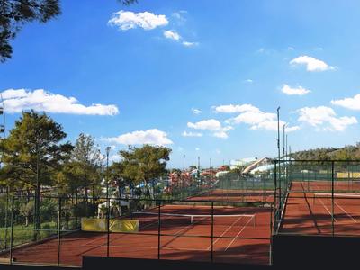 Mehrere Außen-Tennisplätze mit rotem Boden unter blauem Himmel und weißem Wolkenhimmel.