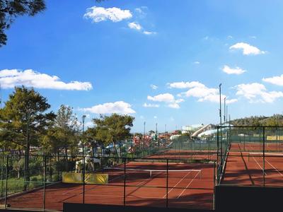 Mehrere Tennisplätze mit rotem Boden unter blauem Himmel und umgeben von Zäunen.