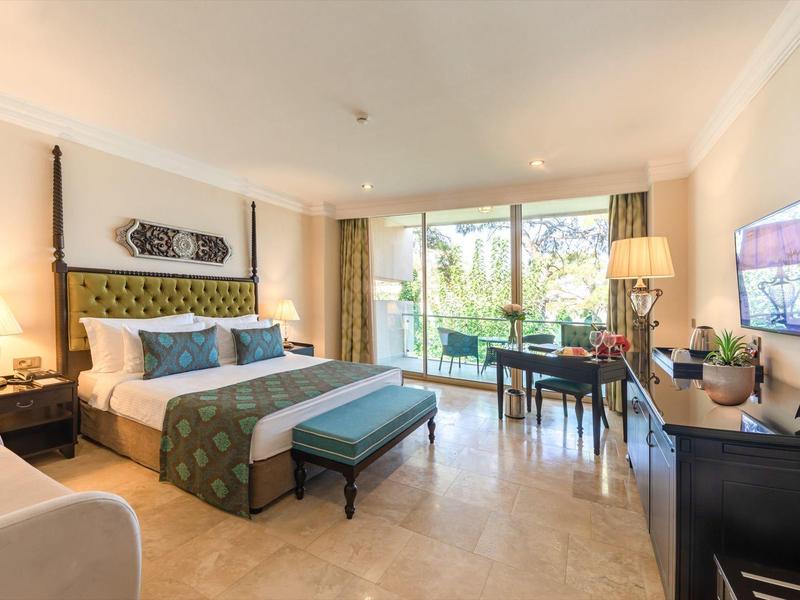 Jasny pokój hotelowy z dużym łóżkiem, częścią wypoczynkową, biurkiem i telewizorem z widokiem na ogród przez duże okna.