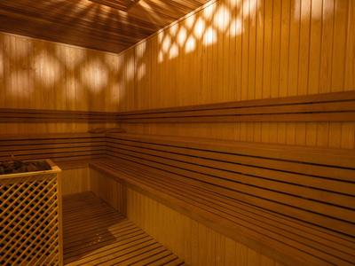 Interior view of a sauna with wooden benches and wall panels under soft lighting.