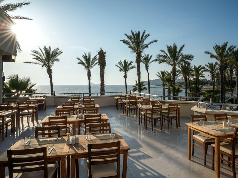 Restaurant terrace with wooden tables and chairs, palm trees, and sea in the background.