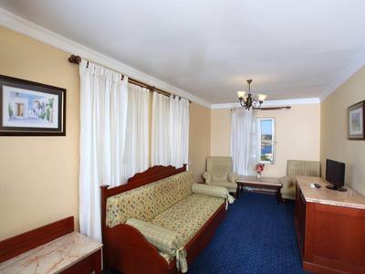 Cozy hotel room with blue carpet, two sofas, and a TV.