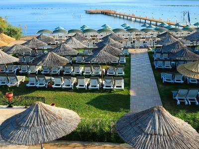 Vista de piscina de hotel y sombrillas con tumbonas junto al mar y un muelle al fondo.