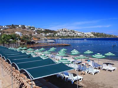 Strand mit grünen Sonnenschirmen, weißen Liegen, blauem Meer und Häusern auf Hügel im Hintergrund.