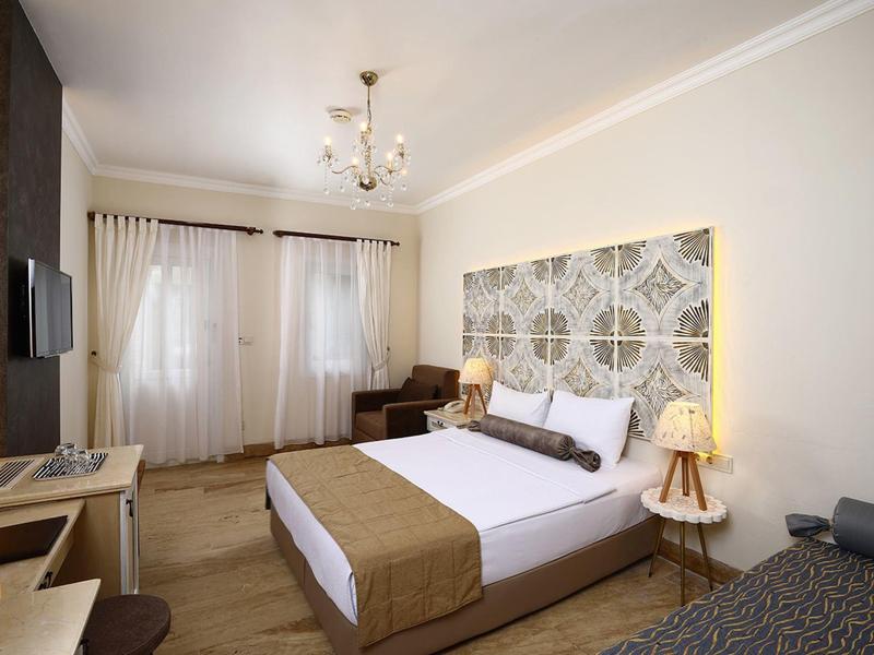 Habitación de hotel luminosa con cama doble, pared decorativa, muebles de madera y grandes ventanas con cortinas.