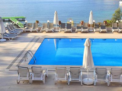 Outdoor-Pool mit Liegestühlen und Sonnenschirmen neben ruhigem See.