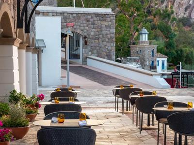 Terrasse de restaurant d'hôtel avec tables et chaises face à la mer et plantes fleuries.