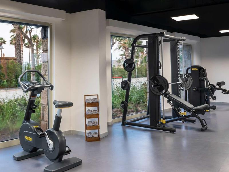 Salle de sport avec vélo d'appartement et équipements de musculation, grandes fenêtres.