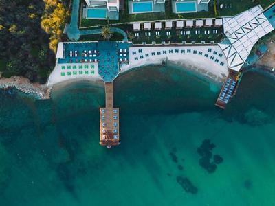 Vista aérea de un hotel junto al mar con piscina, muelle y agua cristalina.
