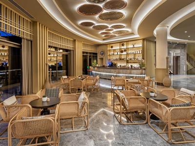 Modern hotel bar interior with wicker furniture and illuminated ceiling.