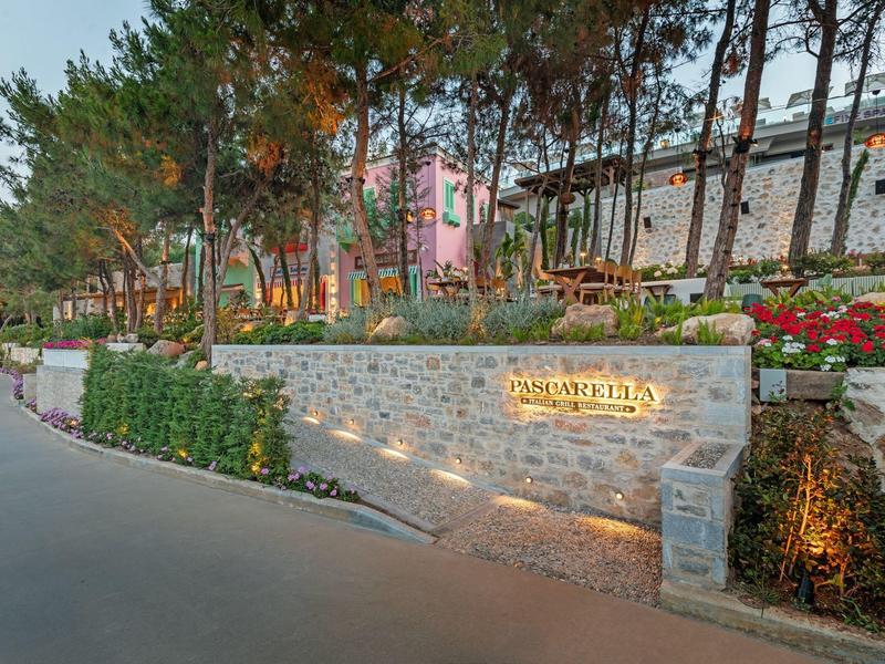 Illuminated exterior wall and pathway with trees and flowers in a hotel garden at dusk.