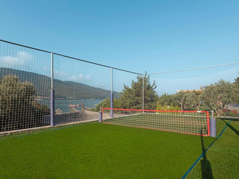 A tennis court with green artificial turf, surrounded by trees and overlooking a lake and mountains.