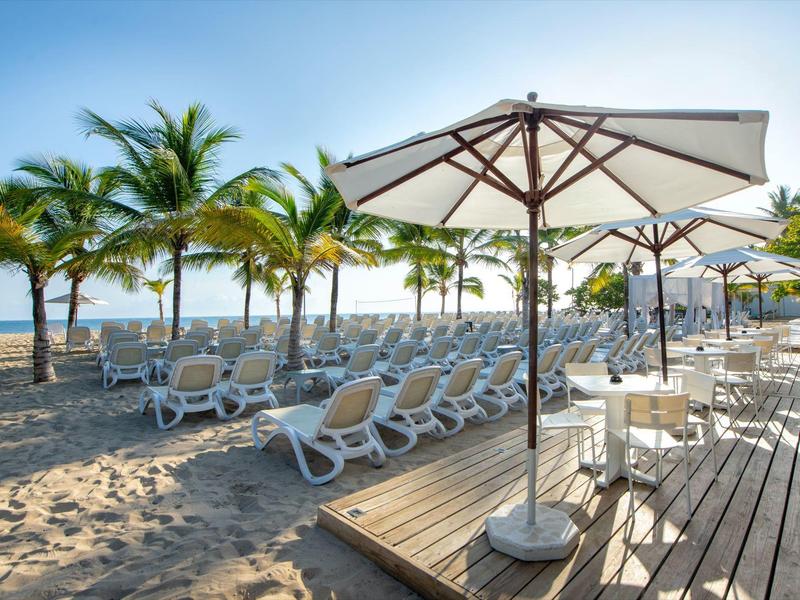 Slunná pláž s lehátky, slunečníky, palmami a výhledem na moře.