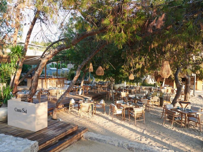 Área exterior de restaurante con mesas y sillas bajo árboles en la playa