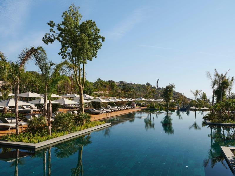 Gran piscina con tumbonas y sombrillas en un jardín tropical del hotel.