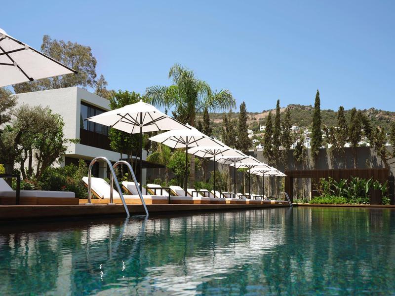 Piscina moderna de hotel con tumbonas y sombrillas en un día soleado.