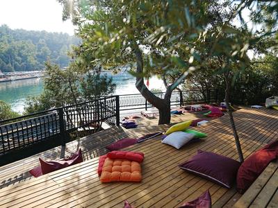 Drewniany taras z kolorowymi poduszkami pod drzewem z widokiem na wodę i zielone wzgórza.