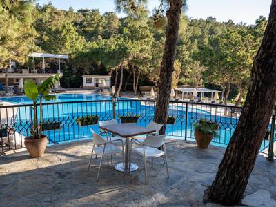 Taras z stołem i krzesłami obok ogrodzonego basenu w zielonym, zalesionym otoczeniu.