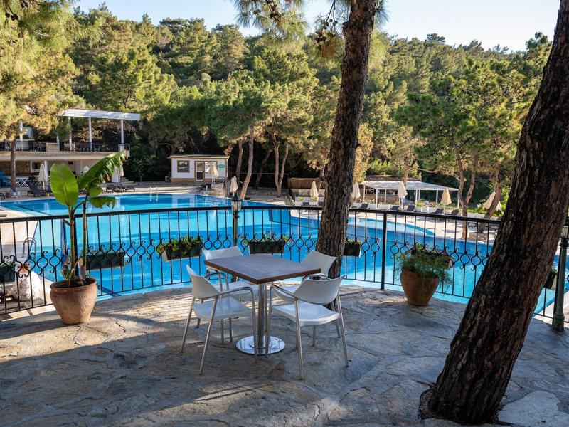 Taras z stołem i krzesłami obok ogrodzonego basenu w zielonym, zalesionym otoczeniu.