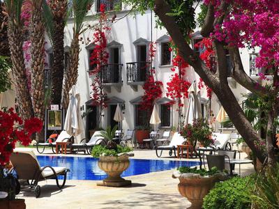 Cour intérieure avec piscine, chaises et fleurs colorées devant un bâtiment blanc.