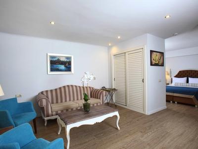 Accogliente zona giorno dell'hotel con divano, poltrone, tavolo e camera da letto adiacente.