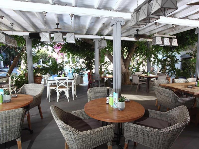 Accogliente area esterna di un ristorante con tavoli in legno e sedie in vimini sotto una pergola.