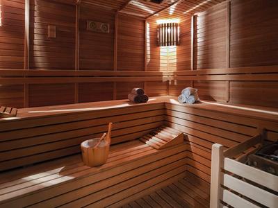 Bright wooden sauna with multi-level benches and a sauna bucket.