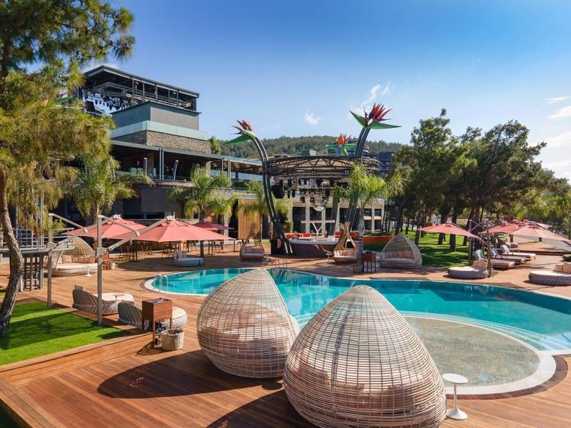 Modern hotel pool with round sun loungers and green surroundings under blue sky.
