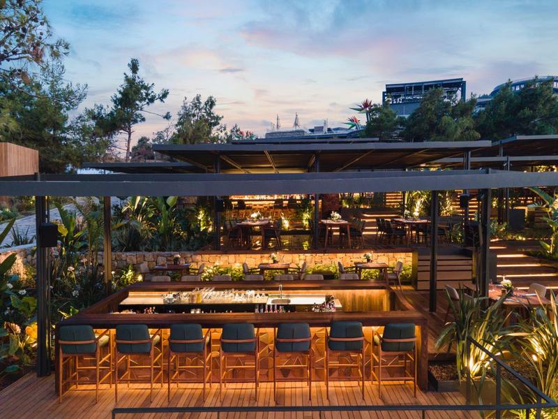 Evening hotel bar with wooden furniture and warm lighting in a green outdoor setting.