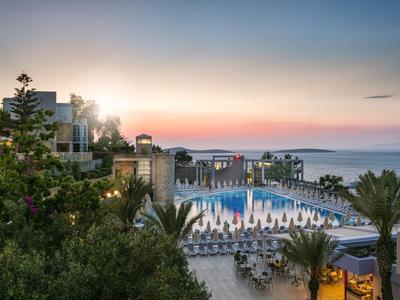 A luxury hotel pool at sunset with palm trees and lounge chairs.