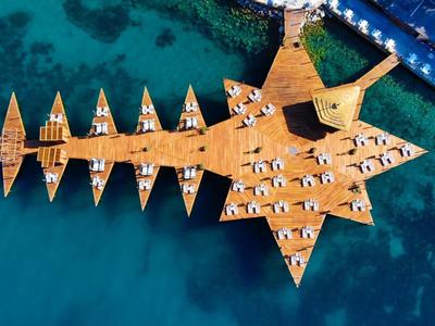 Vue aérienne d'une jetée en bois en forme d'étoile avec des transats au-dessus de l'eau bleue claire.