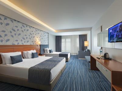 Chambre d'hôtel spacieuse avec deux lits, moquette bleue, une TV et une grande fenêtre avec rideaux.