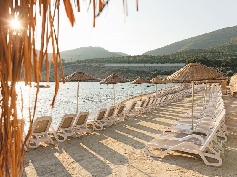 Chaises longues blanches vides alignées au bord d'une mer calme sous des parasols en paille au coucher du soleil.