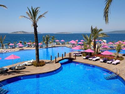 Large pool area with palm trees, sun umbrellas, and a sea view in the background.