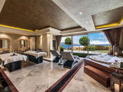 Luxurious spa room with whirlpool, massage tables, and view of pool and garden.
