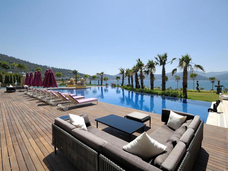 Modern lounge seating and sunbeds beside an infinity pool with palm trees and mountain views.