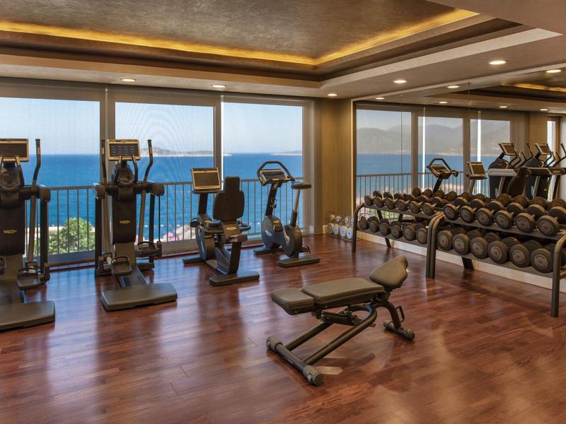 Modern gym with sea view and high-quality exercise equipment.
