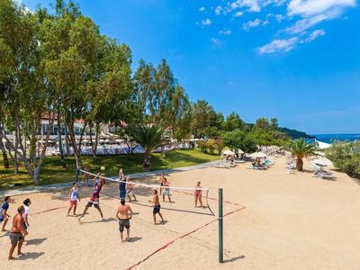 Plaża z boiskiem do siatkówki, drzewami i widokiem na morze w słoneczny dzień.