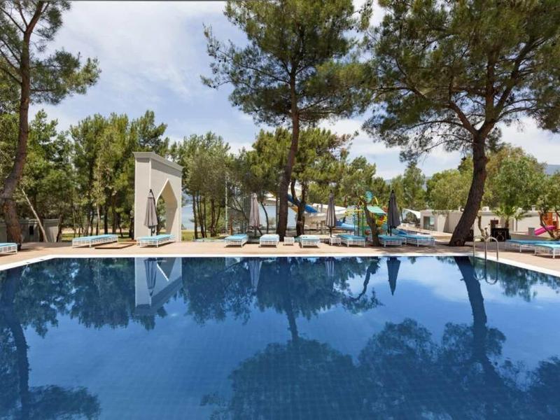 Niebieski basen otoczony drzewami i leżakami pod częściowo zachmurzonym niebem.