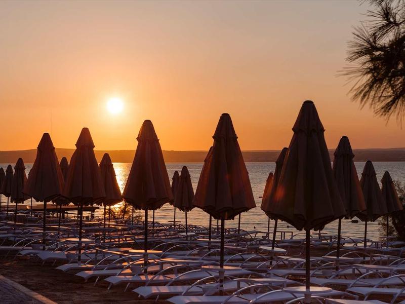 Zachód słońca na plaży z zamkniętymi parasolami i sylwetkami drzew.