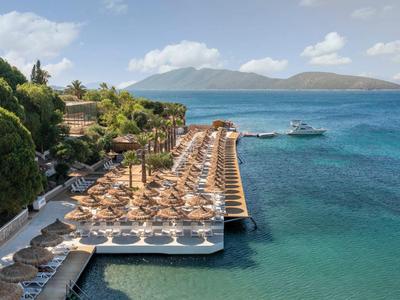 Vista di una passerella in legno con ombrelloni e lettini sul mare turchese vicino a colline boschive.