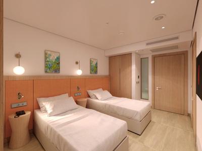 Modernes Hotelzimmer mit zwei Einzelbetten, Holzverkleidung und neutraler Beleuchtung.