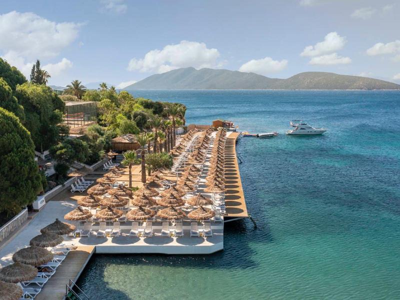 Taras hotelowy z leżakami i parasolami nad turkusowym morzem z wyspą w tle.