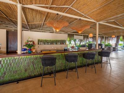 Buitenbar van hotel met bamboe plafond, groene betegelde bar en zwarte stoelen op betegelde vloer.