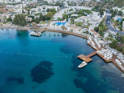Kustresort met helder water, zwembad, ligstoelen en witte gebouwen in een groene omgeving.