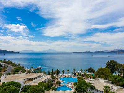 Resort met zwembad en palmbomen aan een uitgestrekte blauwe zee onder een gedeeltelijk bewolkte hemel.