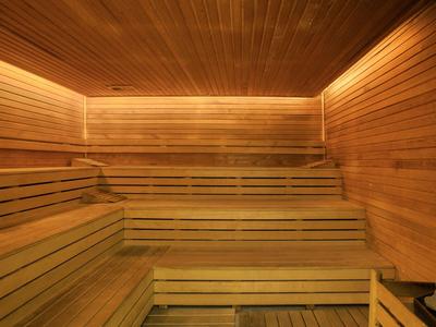 Houten sauna met trapvormige banken en warme verlichting langs het plafond.